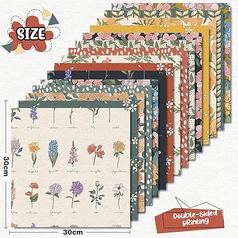 30Pcs Flower Garden Pattern Paper Vintage Botanic Scrapbook Specialty Paper Double Sided Floral Decorative Craft Paper For DIY Card Making Photo Album Journal Decor, 11.8 x 11.8 Inch
