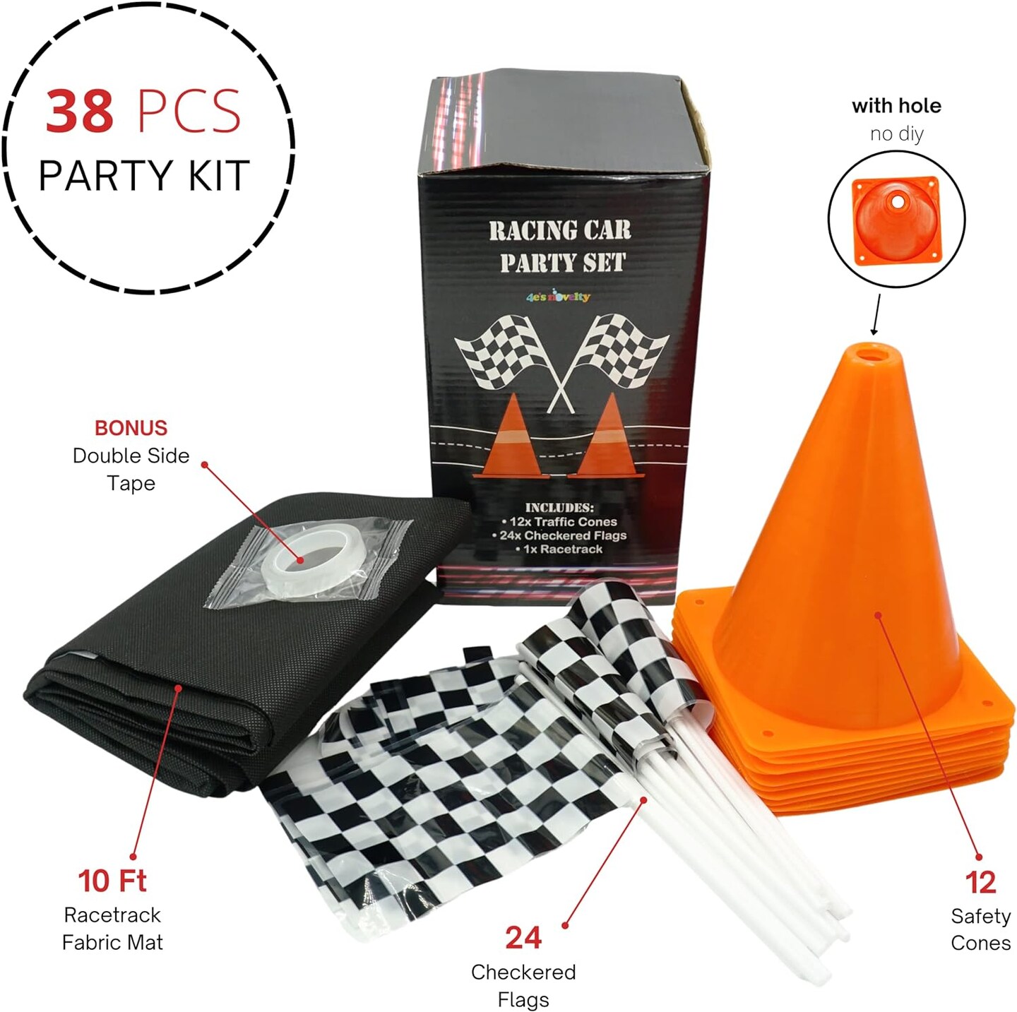 4E&#x27;s Novelty Race Car Birthday Party Supplies - 38 Pc Set with Race Track Runner, 12 Traffic Cones, 24 Race Flags, Tape