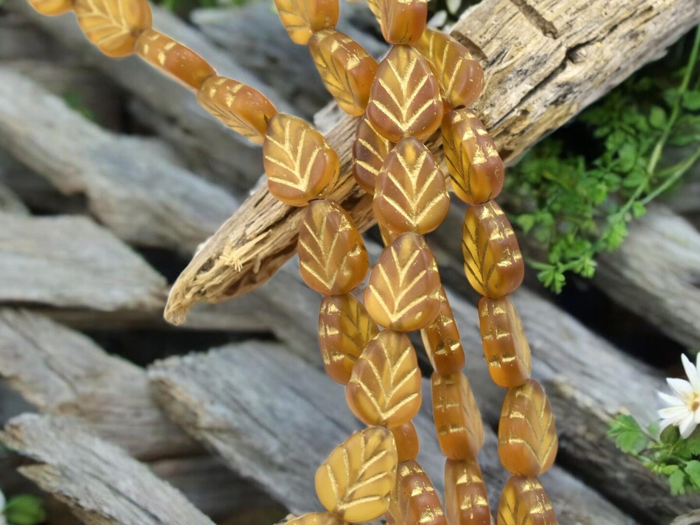 *16* 10x8mm Gold Washed Transparent Matte Amber Mint Leaf Beads