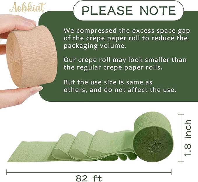 5 Rolls Olive Green & Khaki Crepe Paper Streamers for Boho Weddings, Birthdays, Bridal & Baby Showers