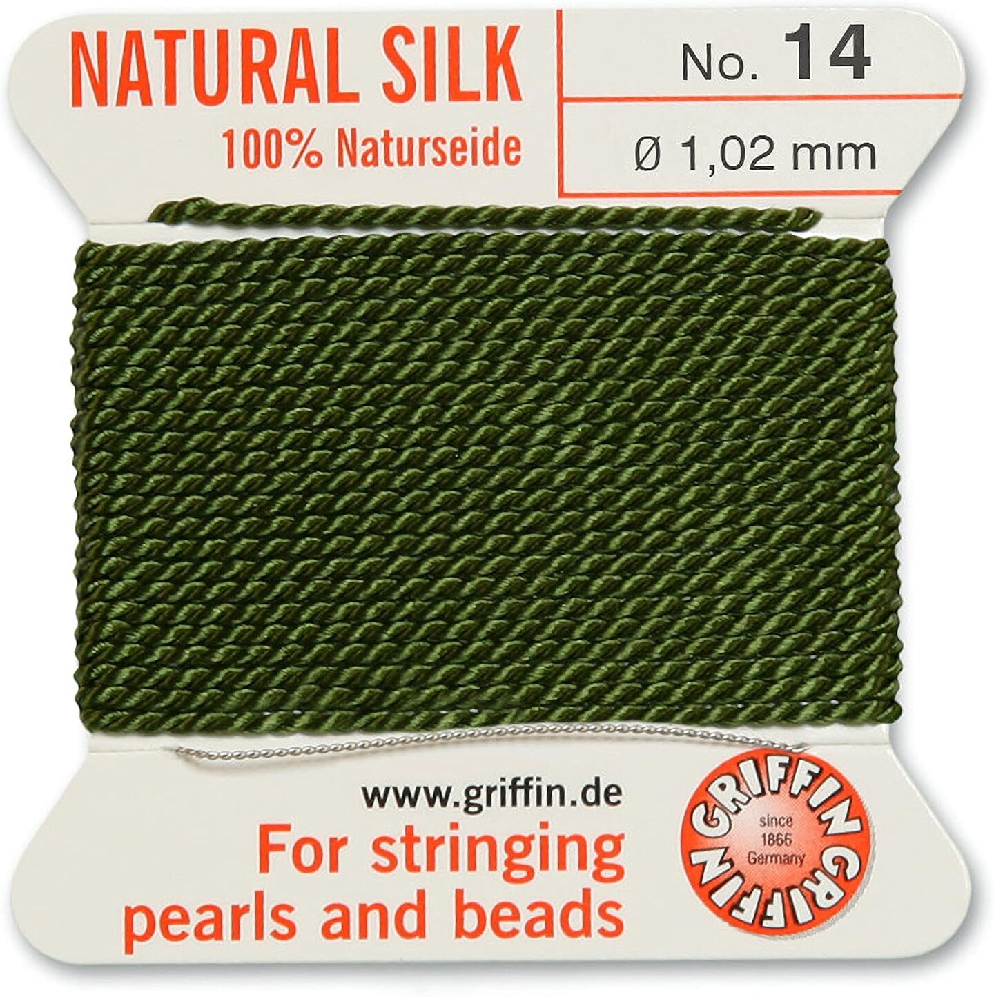 Griffin Silk Bead Cord Perlseide – Size 14 (1.02mm) – 2 Meters per Card – Stainless Steel Needle Attached – for Knotting Pearls, Gemstones, Crystals and Beads