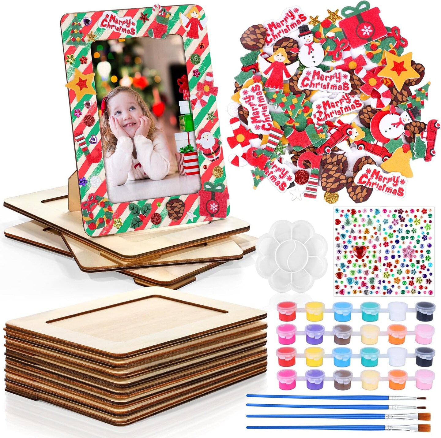 12-Pack Frozen Christmas DIY Picture Frame Craft Kit – Wooden 4x6” Frames with 100 Foam & Rhinestone Stickers, 4 Brushes, Paint Palette for Kids Holiday Crafts