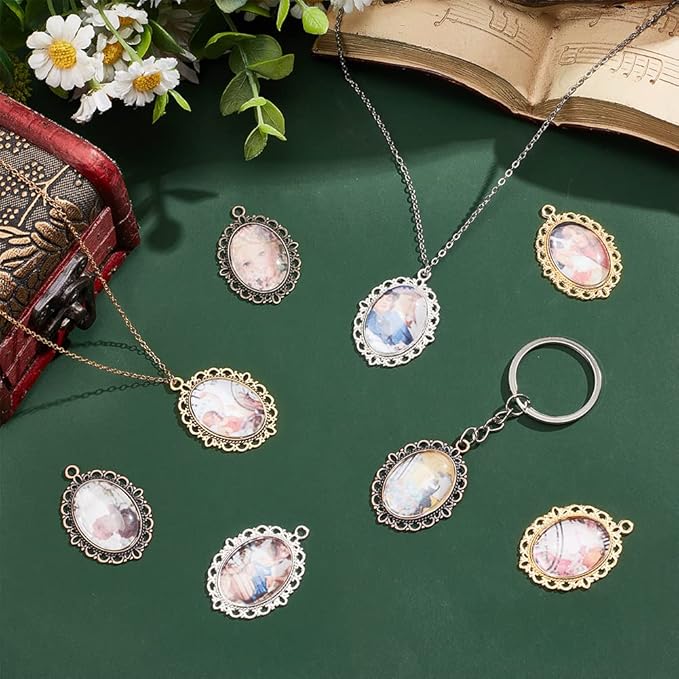 60pcs Pendant Tray Kit, 30pcs 5 Color Oval Pendant Blank Bezel, 30pcs 25 x 18mm Glass Cabochon Dome Tiles Clear Cameo Memorial Photo Pendant for Wedding Bouquet Graduation Photo Charm