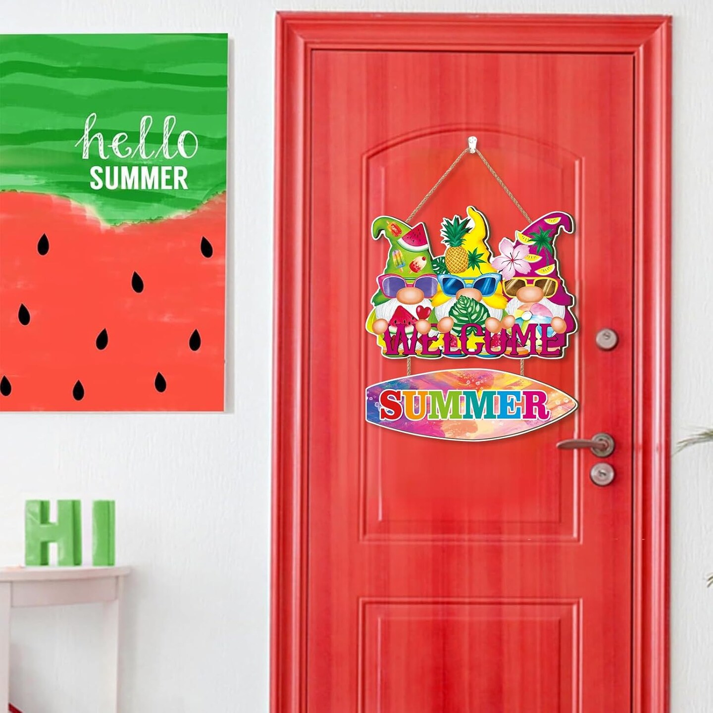 Summer Welcome Sign,Hello Summer Door Hanger,Gnomes Wall Decor for Front Door,Gnome Welcome Sign,Tropical Fruit Pool Beach Wall Decoration for Outdoor Farmhouse Indoor Porch Yard Office