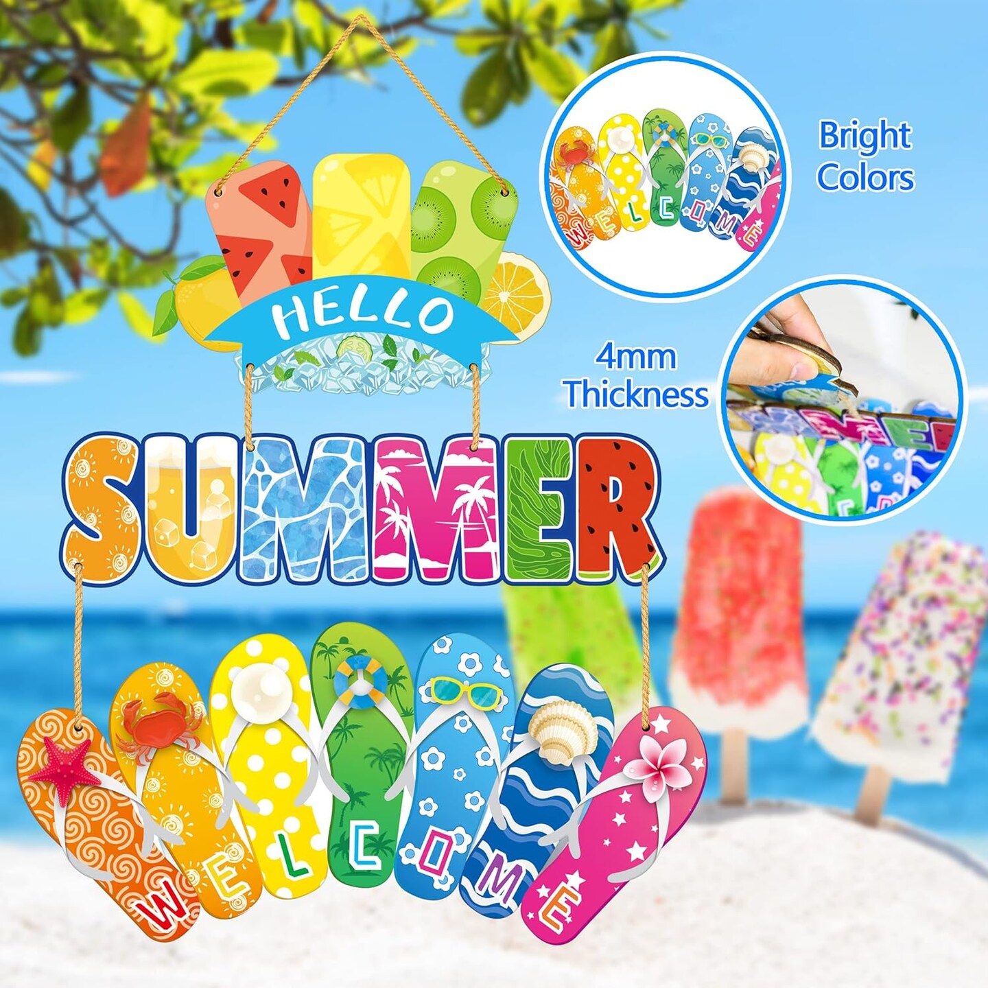 Hanging Sign - Hello Summer, Rustic Wood Wreath with Flip Flop Door Decor, Ice Lolly Slippers, Perfect for Beach, Outdoor, 13.7 x 7.0 inches