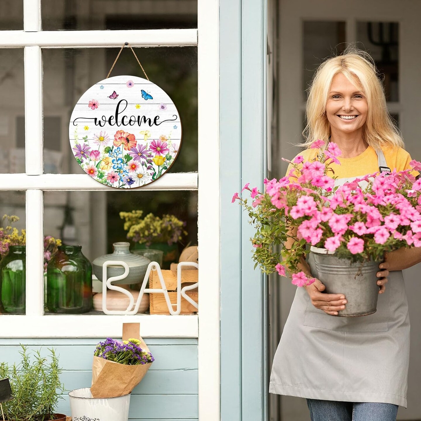 Spring Flower Welcome Door Sign Wildflower Wooden Hanging Sign Floral Butterfly Door Hanger Sign for Spring Indoor Outdoor Farmhouse Home Porch Window Decor