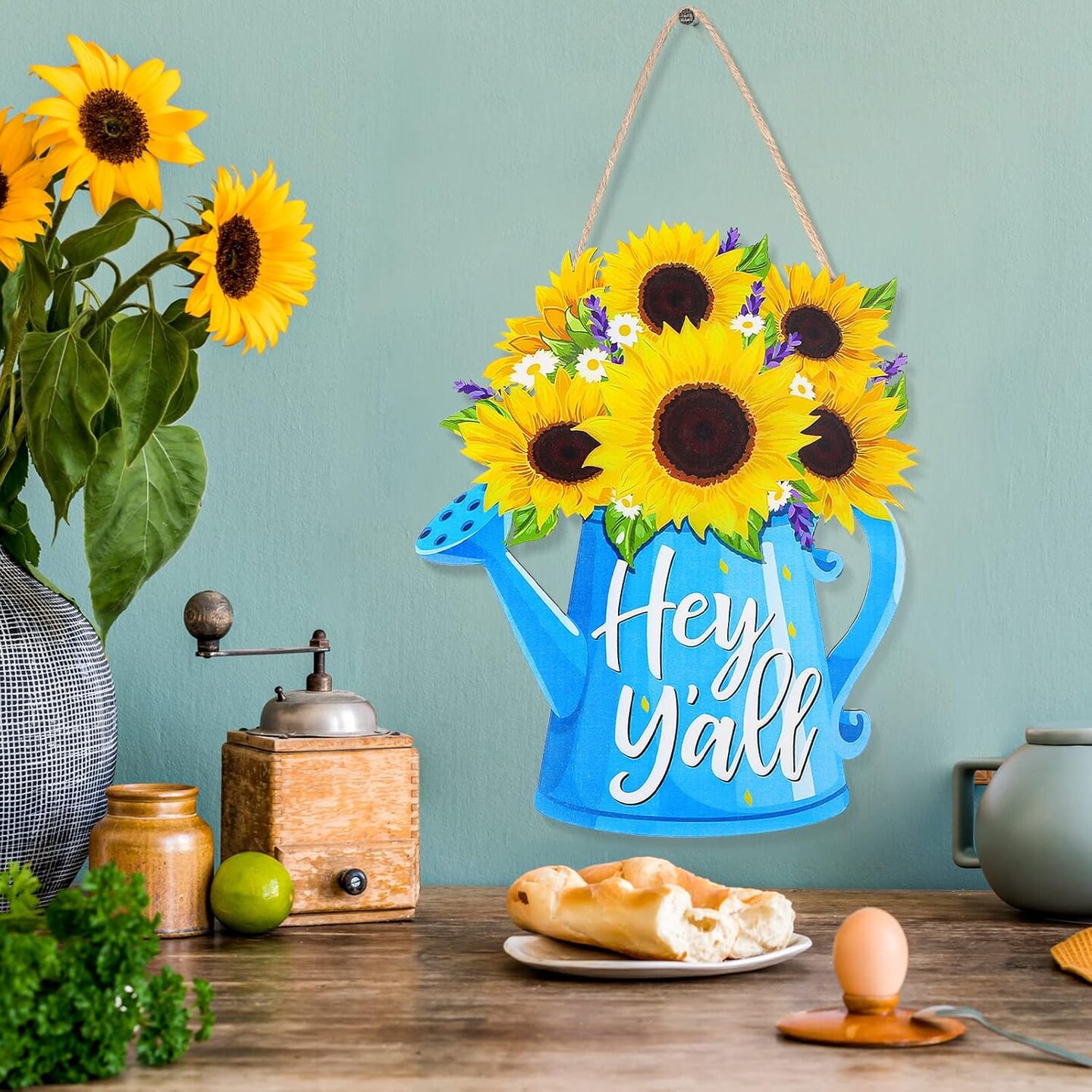 Watering Can and Sunflower Hanging Sign summer door hanger sunflower welcome sign Wooden sunflower decor summer door decor for Indoor Outdoor Yard Front Door sunflower decorations