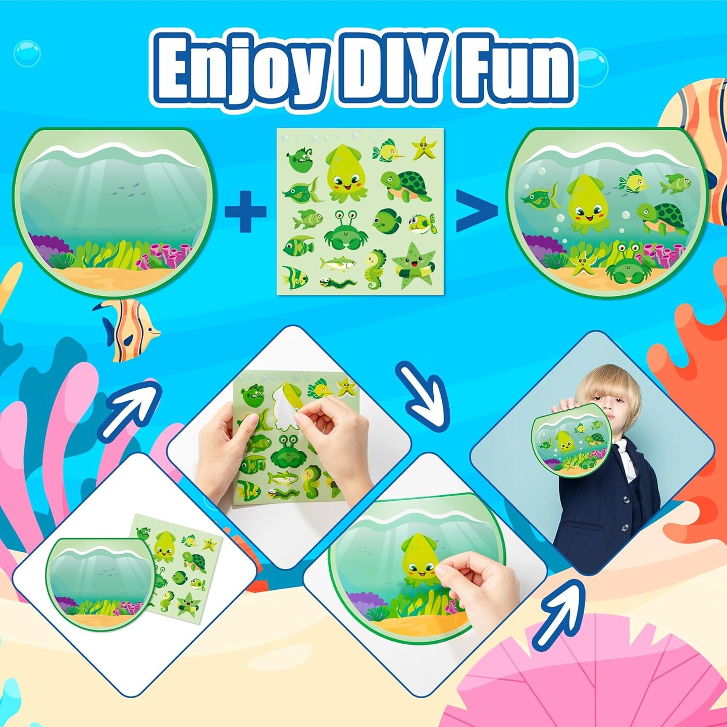 24PCS Color Sorting Summer Sea Animal Sticker Scene for Kids, Make A Sea Scene with Shark Tropical Fish, Make Your Own Ocean Animal Sticker Art Craft, DIY Fall Games Activities