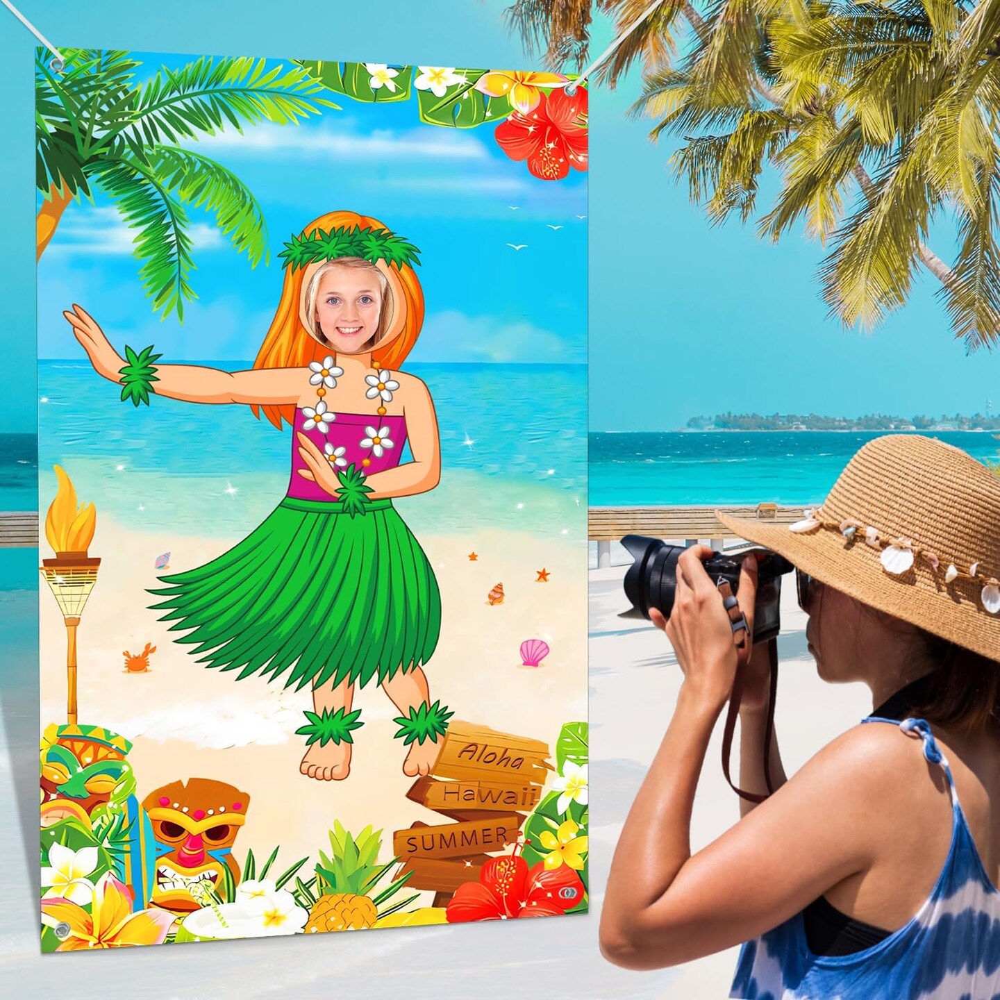 Hawaiian Photo Door Banner, Luau Party Decorations, Large 65&#xD7;39 inches Tiki Luau Photo Props, Aloha Tiki Banner for Party Hawaiian Door Banner, Party Supplies for Tropical Beach