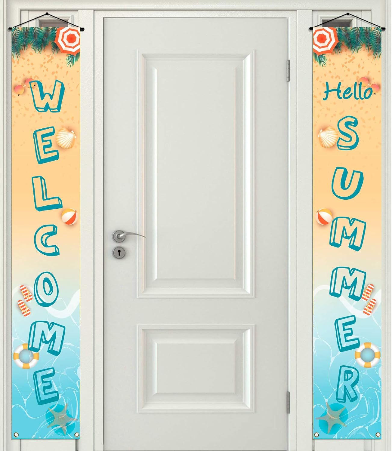 Welcome Hello Summer Porch Banner Beach Themed Sea Palm Leaves Starfish Seashell Holiday Party Front Door Wall Sign Decoration