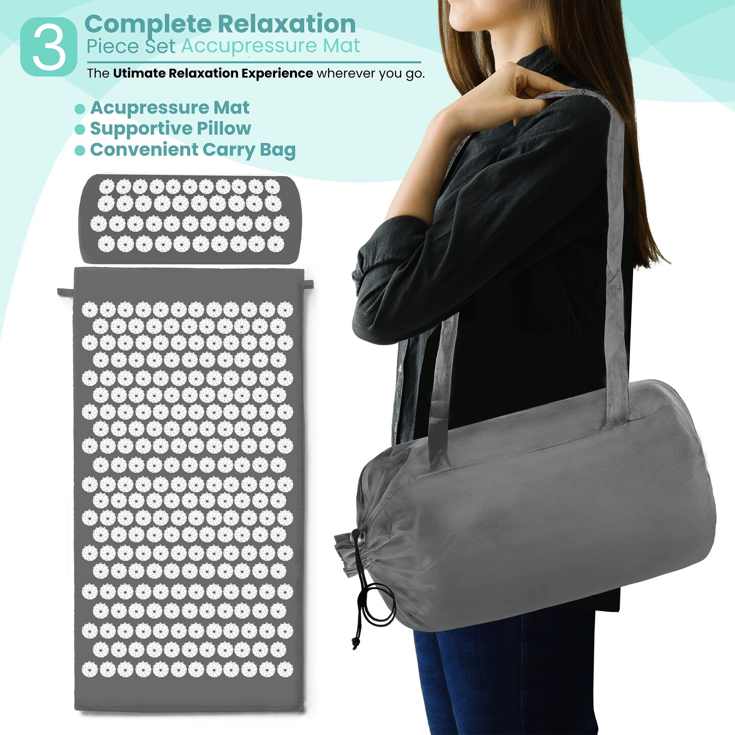 Acupressure Mat and Pillow Set - Grounding Mat for Stress, Back & Neck Pain, Muscle Relaxation, Sciatica, & Meditation - Includes Carry Bag