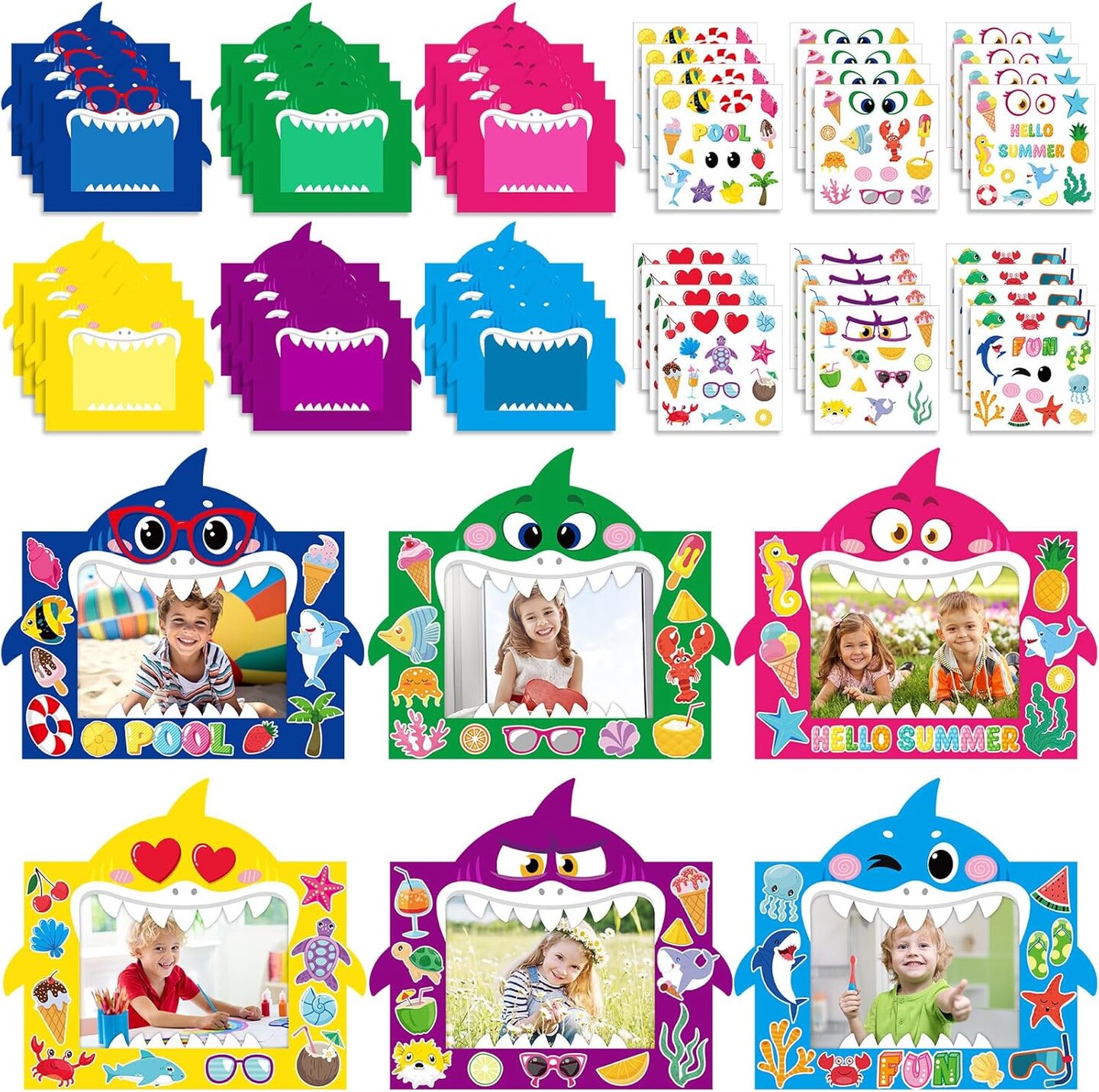 48 Pcs Summer DIY Picture Frames Craft Kits with Sticker Shark Shape Picture Frames Sea Theme Photo Frame Handmade Craft Decorate Gifts