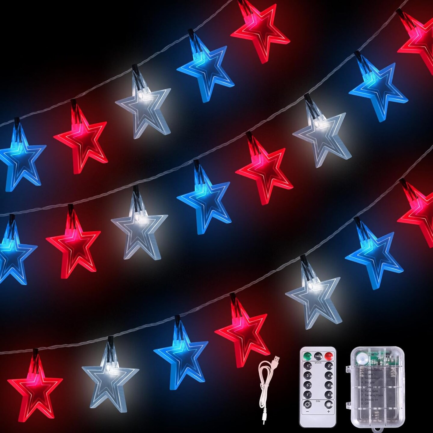 4th of July Decorations Star Lights, 45FT 90Led Red White and Blue String Lights with 8 Modes, Battery Operated &#x26; USB Charge Patriotic Lights for Indoor Outdoor Garden, Golf, Cart Memorial Day Decor