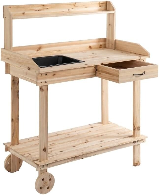 Wooden Potting Bench with Sink, Drawer &#x26; Storage on Wheels