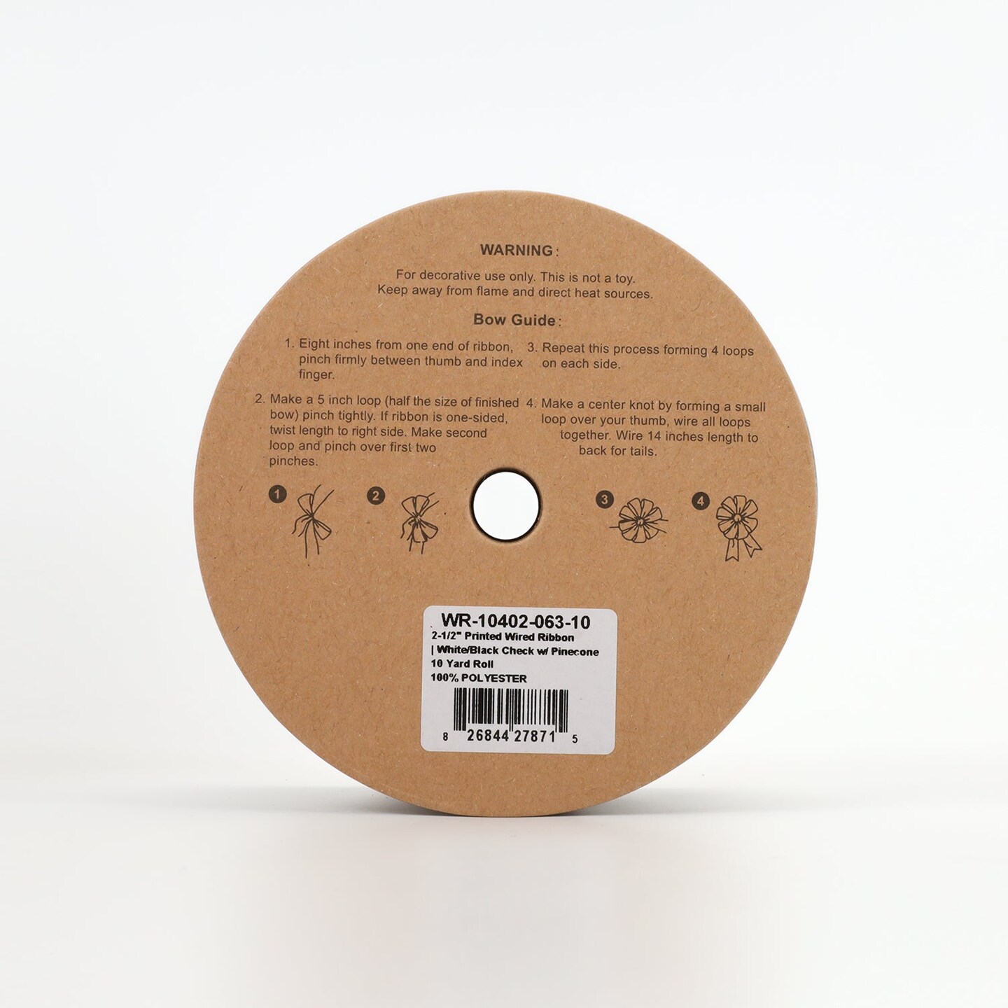 LaRibbons 2-1/2&#x22; Printed Wired Ribbon | White/Black Check w/ Pinecone | 10 Yard Roll