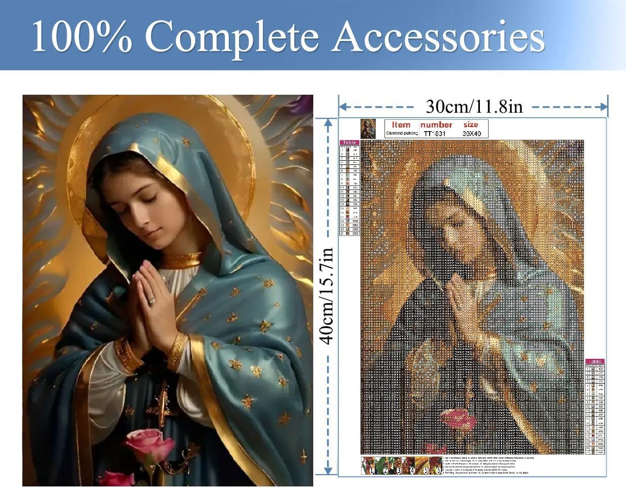 Jesus Diamond Painting Kit, Full Drill 5D Pray Virgin Mary Diamond Dots Arts Crafts Set Religious Belief Diamond Painting with Gem for Adult Beginner Virgin Mary Room Decor 12X16 inch
