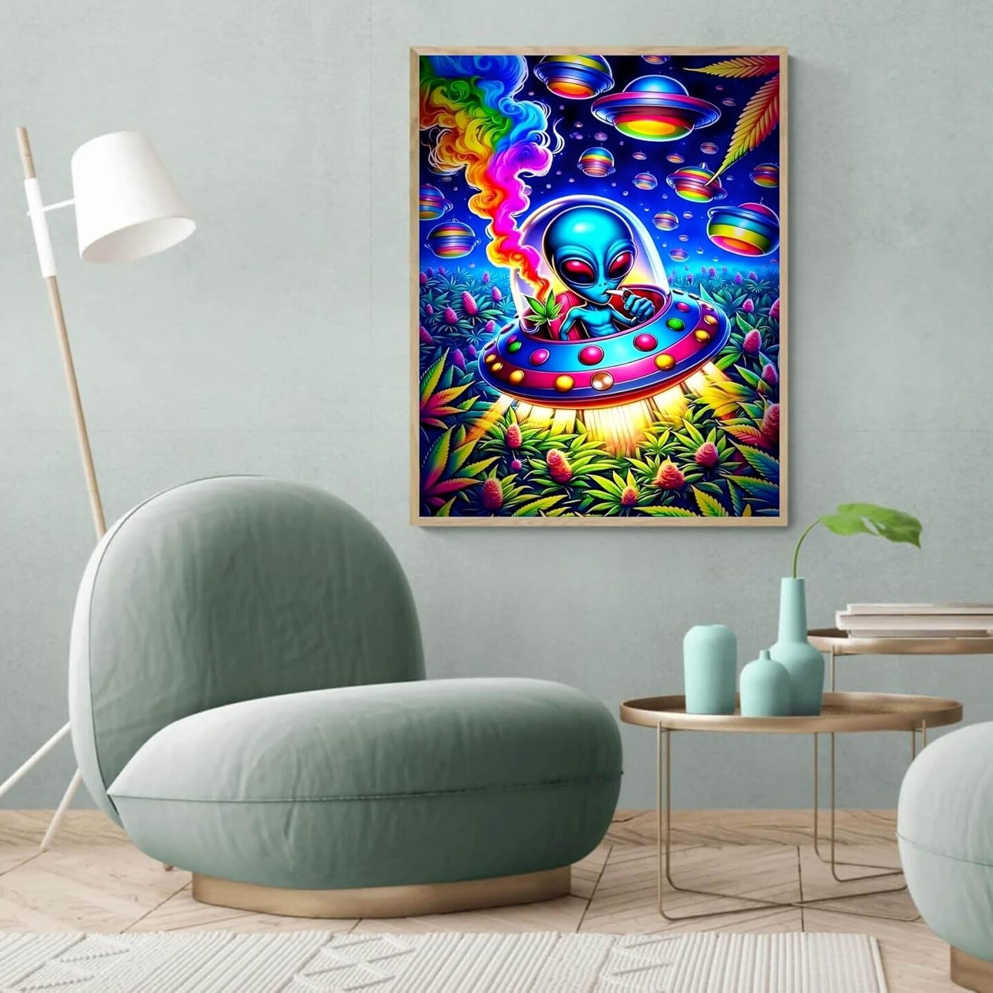 Hippie Hippy Alien Spaceship 5D Diamond Painting Kit, Round Full Drill DIY Diamond Art for Adults, Beginners, Home Decor, 12x16 Inch