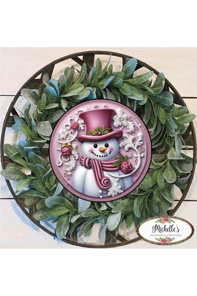 Pink Snowman Top Hat Round Sign - Wreath Enhancement
