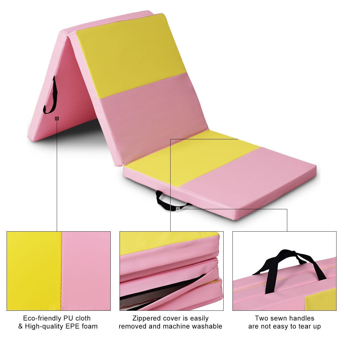 Pink-Yellow Leather Gymnastic Mat Tri-Fold Foam Yoga and Exercise