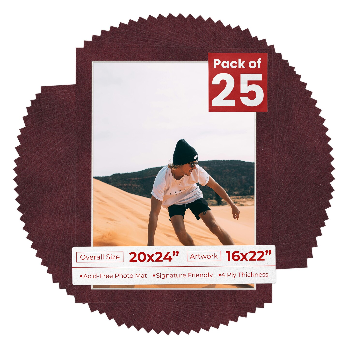 Dark Red Suede Mat Board for 20x24 Frames - Fits 16x22 Photos