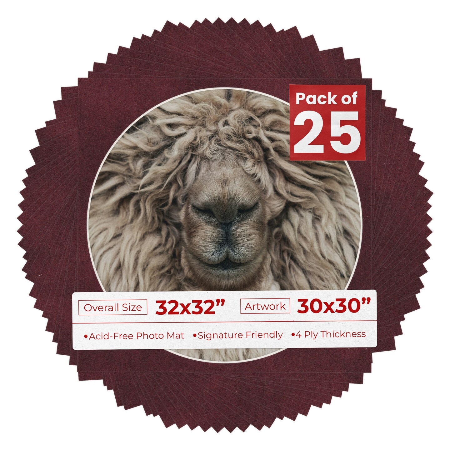 Dark Red Suede Mat Board for 32x32 Frames - Circle Opening for 30x30 Photos