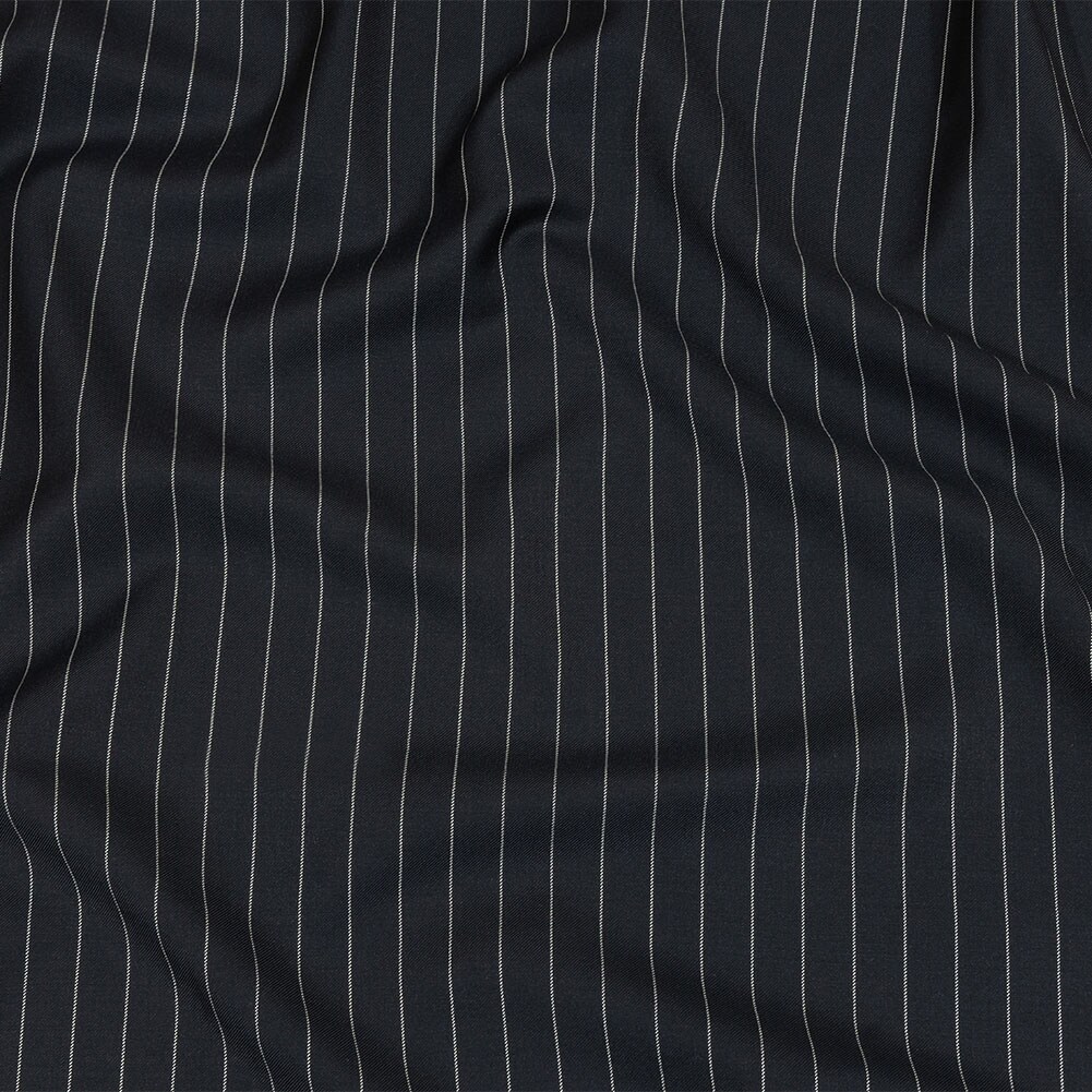 1 Yard British Midnight Navy and Light Gray Pinstriped Super 180 Virgin Wool and Cashmere Twill Suiting