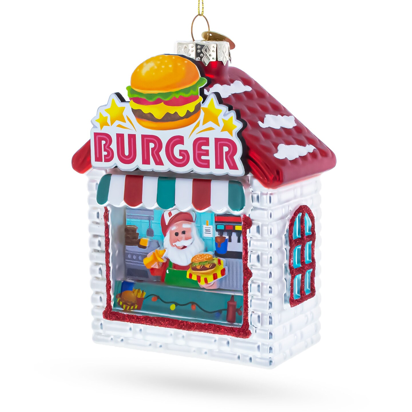 Santa&#x2019;s Holiday Burger Stand Glass Christmas Ornament