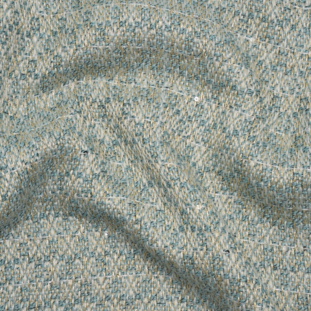 1 Yard Metallic Wool Blend Tweed with Baby Sequins Aqua White and Gold Deadstock