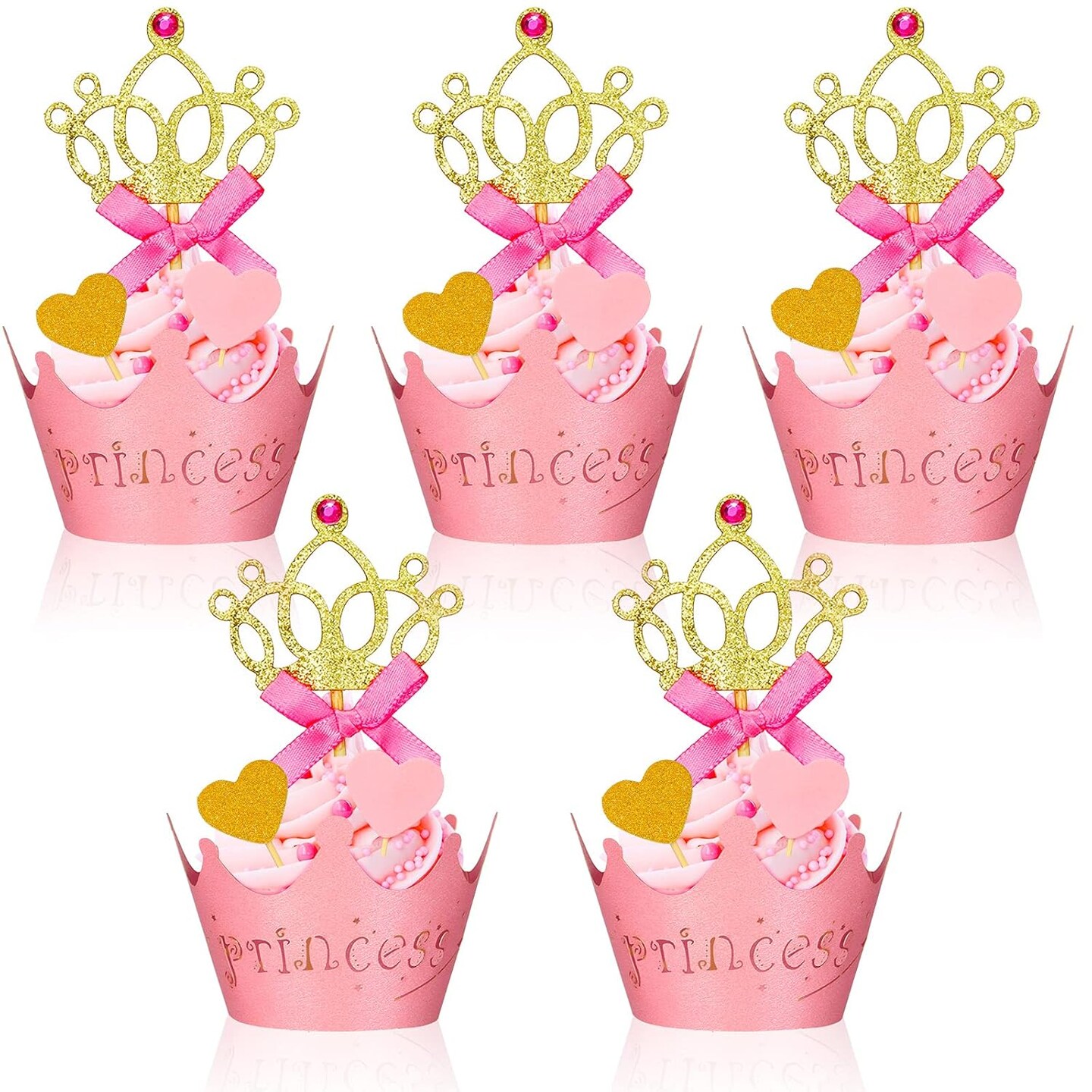 72 Pieces Glittery Princess Cupcake Toppers Crown Wrapper Holder Pink Gold Crown Tiara Pick Glitter Heart Cupcake Topper Baby Shower Decoration for Birthday Wedding Party Decor