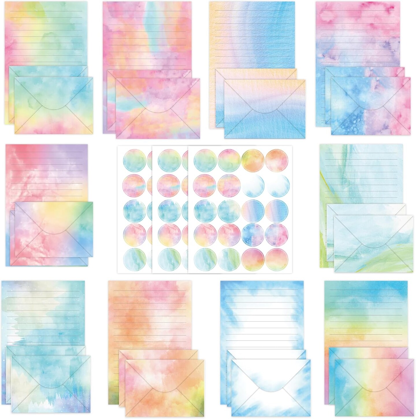 160 Pieces Watercolor Stationary Paper Set for Girl - 50 Lined Stationery Writing Papers 50 Matching Envelopes 60 Round Sticker Seals, 10 Cute Unique Design (Watercolor, 5.5 x 8.25 Inch)