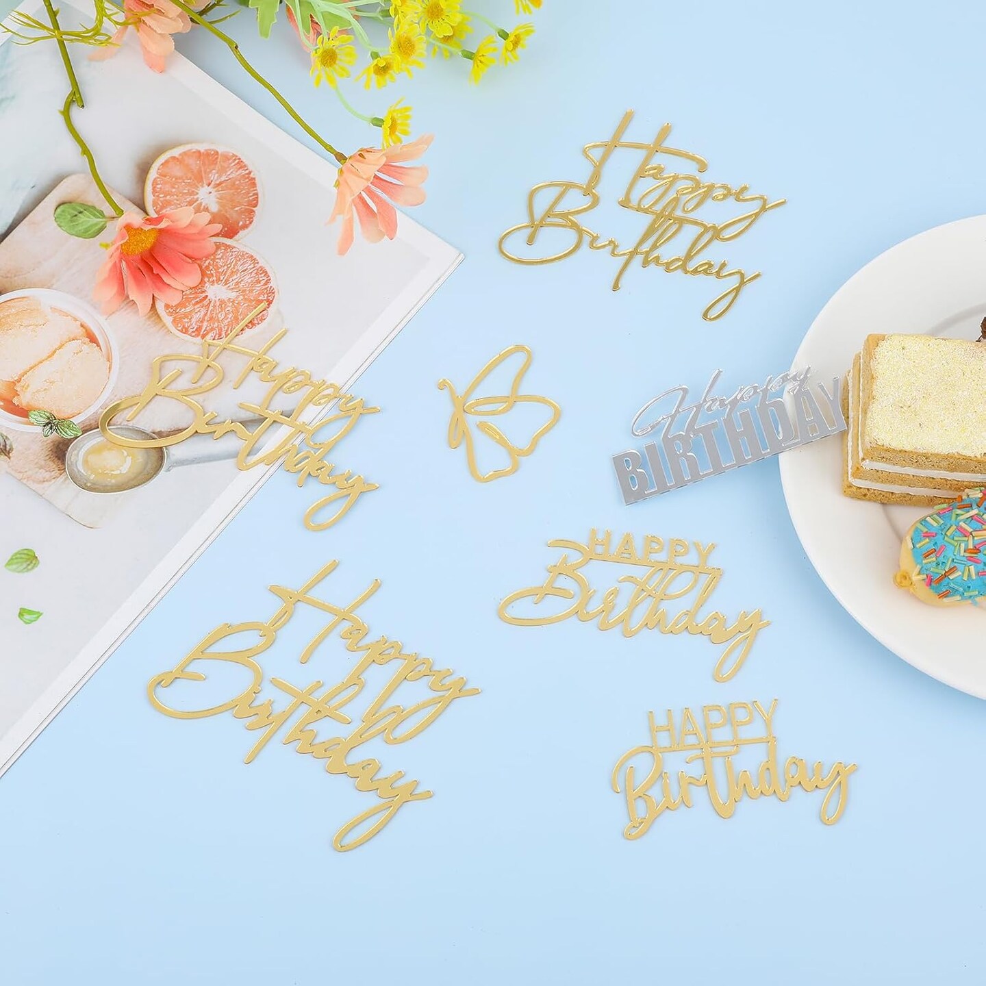 6PCS Happy Birthday Cake Toppers Set Side Mirror Acrylic Cake Topper Glitter Happy Birthday Cake Topper Birthday Decorations for DIY Cake Decor Cake Tools Birthday Party Supplies