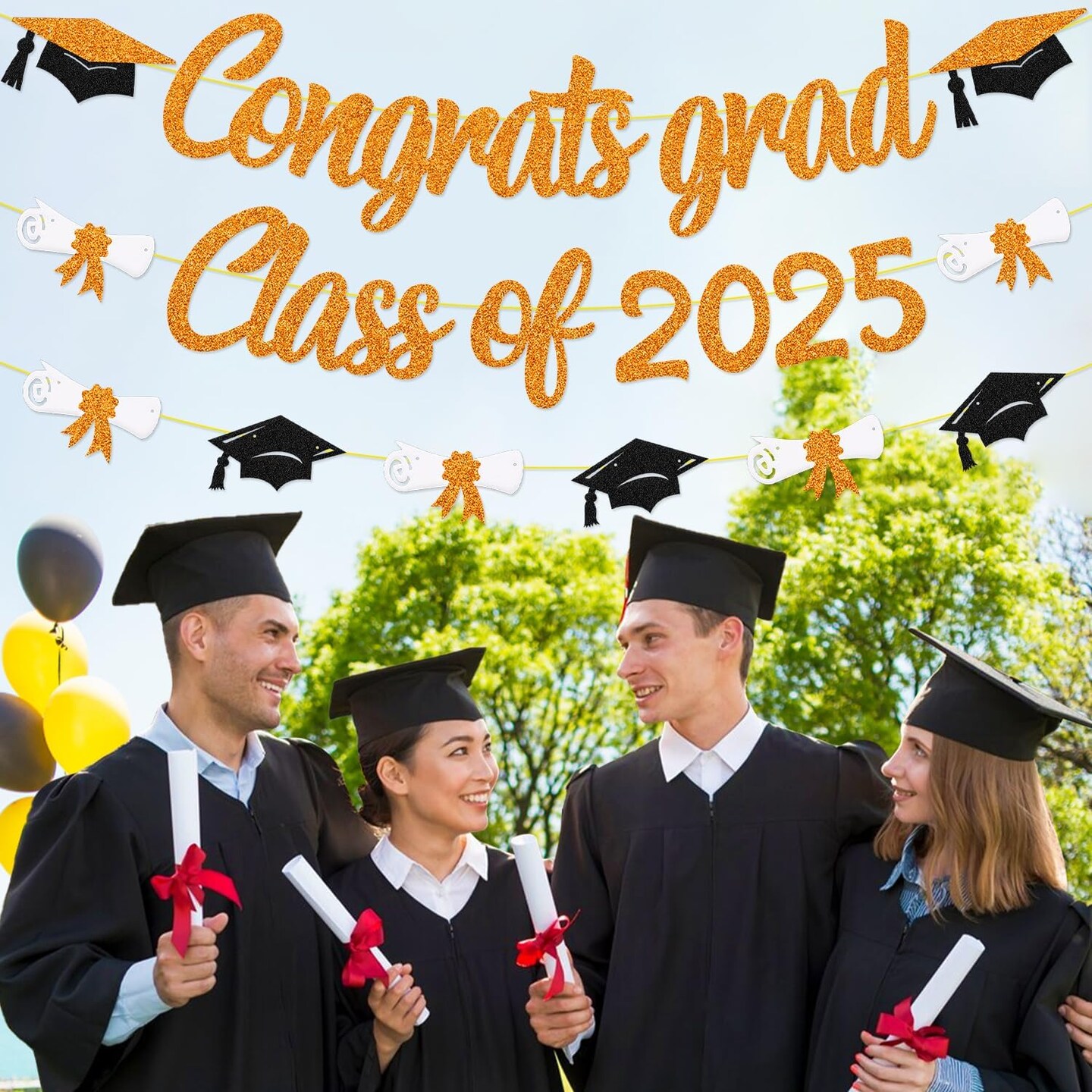 Congrats Grad Class of 2025 Banner Graduation Cap Diploma Theme Party Decoration for for High School College University Senior 2025 Celebrate Party Supplies (Orange)