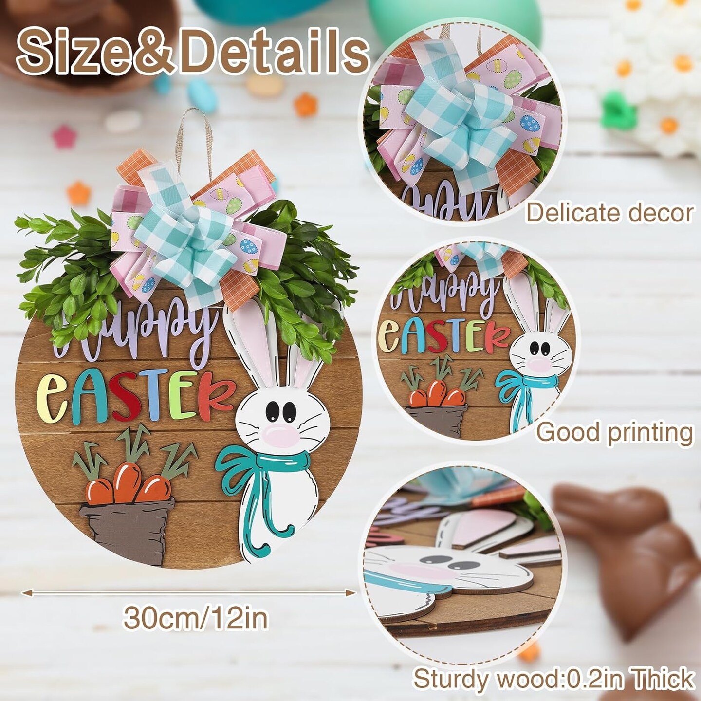 Easter Wreaths for Front Door,Easter Door Wooden Hanging Sign Happy Bunny Wreath Porch with Bow Decoration,Bunny Rabbit Spring Decorations for Home Decor (Pink)