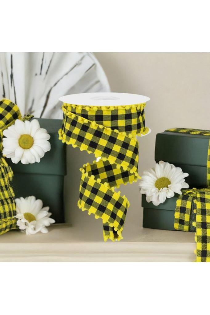 1.5&#x22; Check with Poms Ribbon: Yellow (10 Yards)