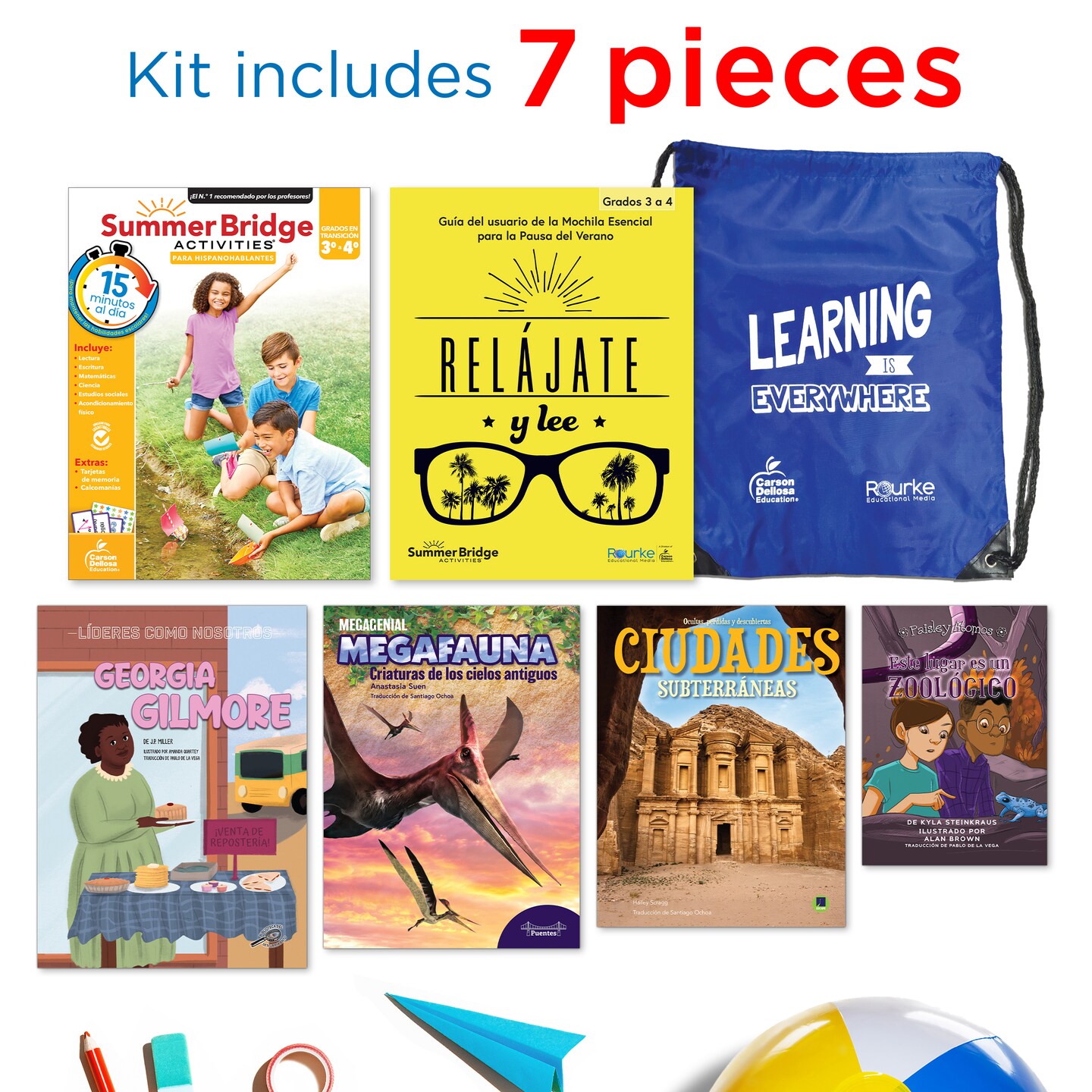 Summer Bridge Activities Grades 3-4 Spanish Summer Learning Backpack, Spanish Language 3rd Grade to 4th Grade Workbook All Subjects, Flash Cards, and Nonfiction & Fiction Children's Books