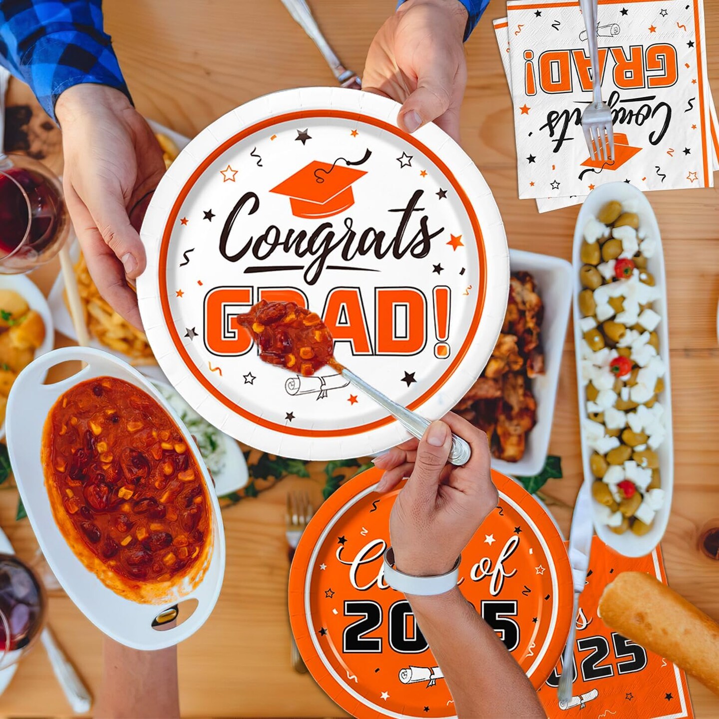 Graduation Party Supplies Kit Serves 50 - Graduation Party Orange Class of 2025 Tableware, Disposable Dinner Plates, Dessert Plates, and Napkins for Congrats Grad Party Decorations