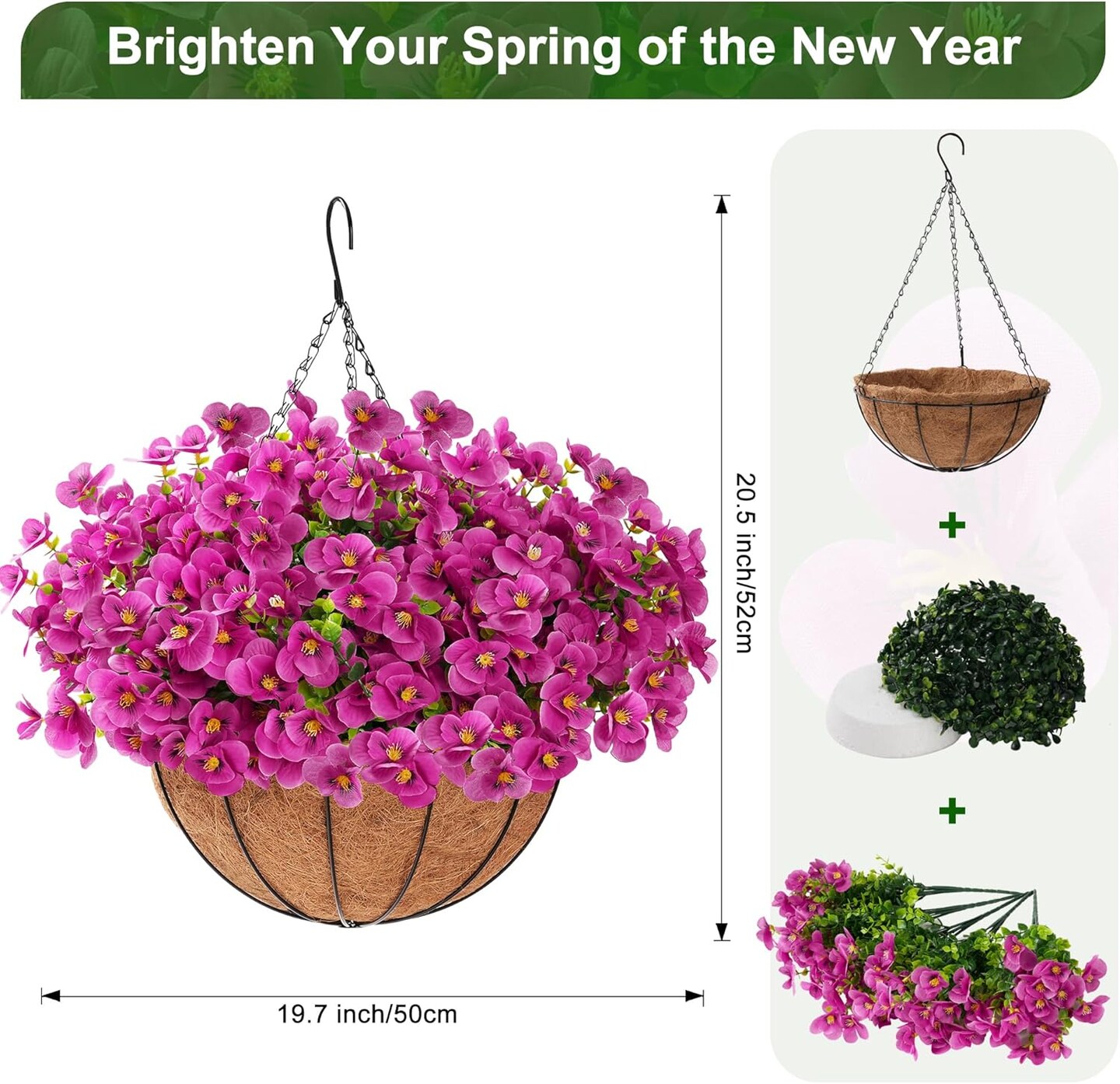 12&#x201C; Hanging Basket with Faux UV Resistant Silk Flowers, Realistic Fake Hanging Eucalyptus Plants