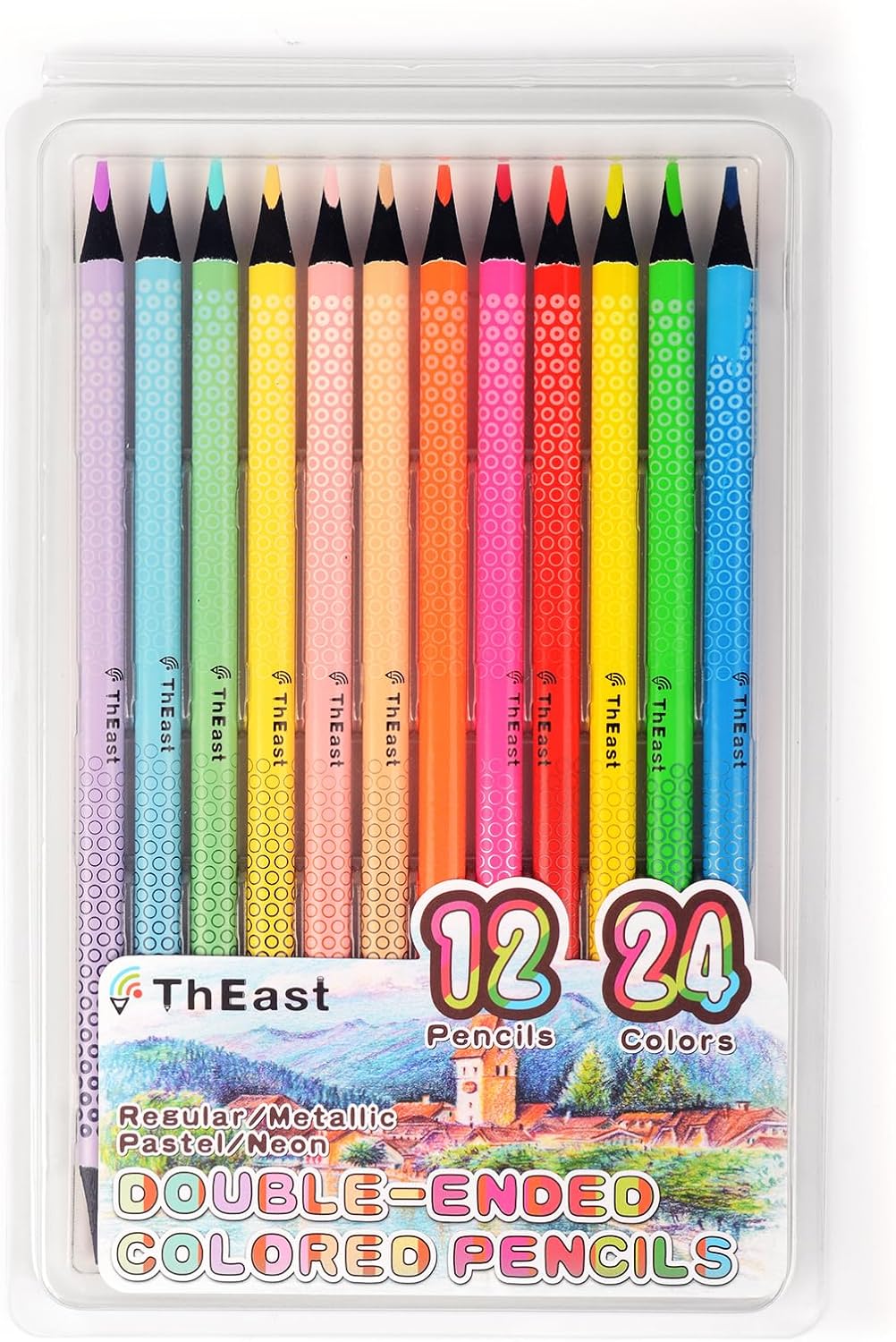 12 Double-Ended Colored Pencils, 24 Colors in 12 Pencils, Black Wooden Triangular Coloring Pencils for Kids, Party Bag Favors, Pre-sharpened