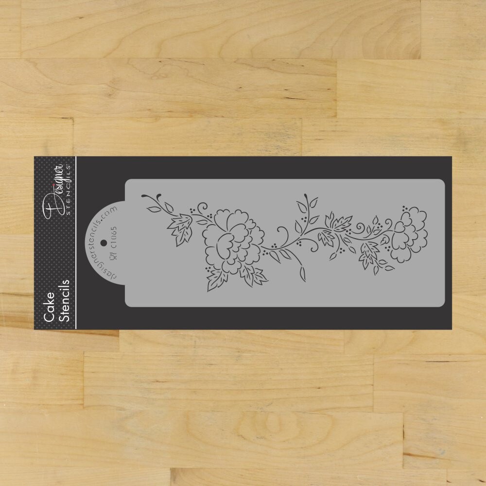 Peonies Spray Cake Side Stencil | C1065 by Designer Stencils | Cake Decorating Tools | Baking Stencils for Royal Icing, Airbrush, Dusting Powder | Reusable Plastic Food Grade Stencil for Cakes | Easy to Use &#x26; Clean Cake Stencil