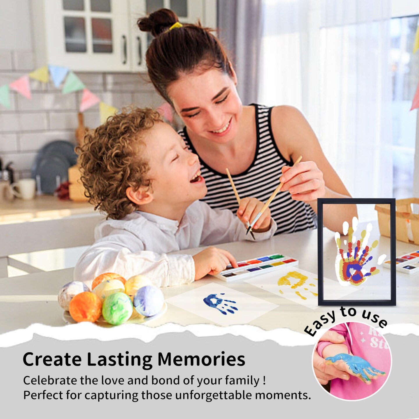 Family Handprint Kit, DIY Craft Keepsake Wooden Frame, Endless Gift Set, Non-Toxic Paints, Transparent Sheets (Black)
