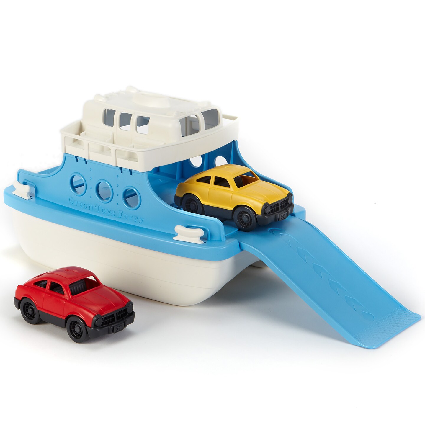 Green Toys: Ferry Boat - Blue & White - Floating Toy Vehicle & 2 Mini Cars, Water & Bathtub Play, Loading Ramp, In/Outdoor, Recycled Material, Kids 3+