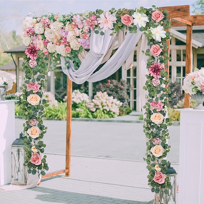 8.85Ft Flower Garland, Eucalyptus Greenery Garland with Flowers, Pink Rose Floral Vines for Wedding Reception Table Mantle Room Spring Summer Decor (Pink)