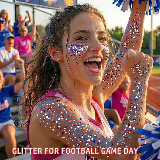 4 Jars Red Blue White Hair Glitter,4th of July Body Face Glitter,USA 250th Star Patriotic Sparkle Makeup for Football Games,Fourth of July Outfits for Women,Independence Day Accessories,40g/1.41 oz