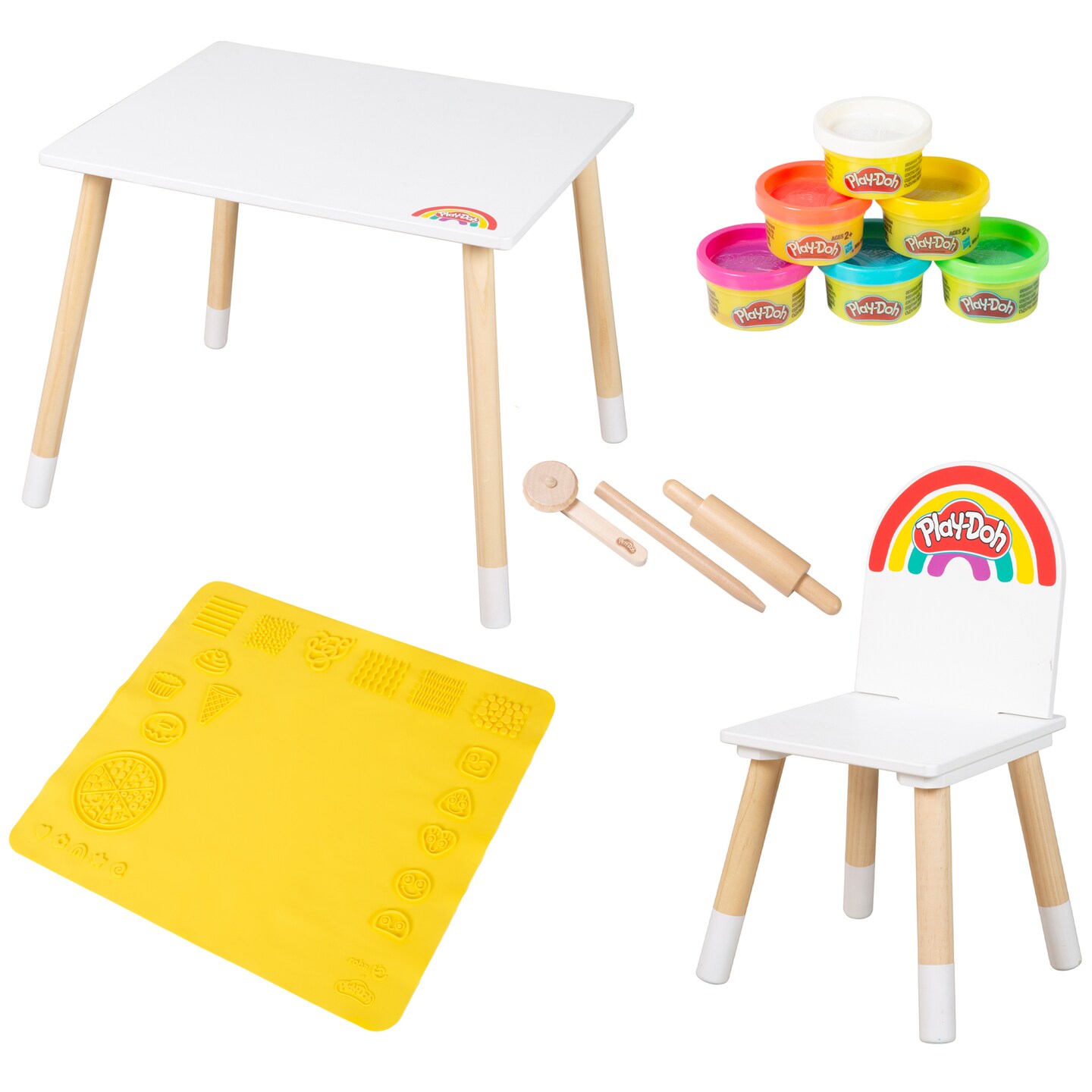 Play-Doh: Creative Seating Group Set - Wooden Crafting Table & Chair, (6) 1oz Play-Doh Containers, 3D Silicone Mat & 3pc Wooden Tools, Kids Ages 3+