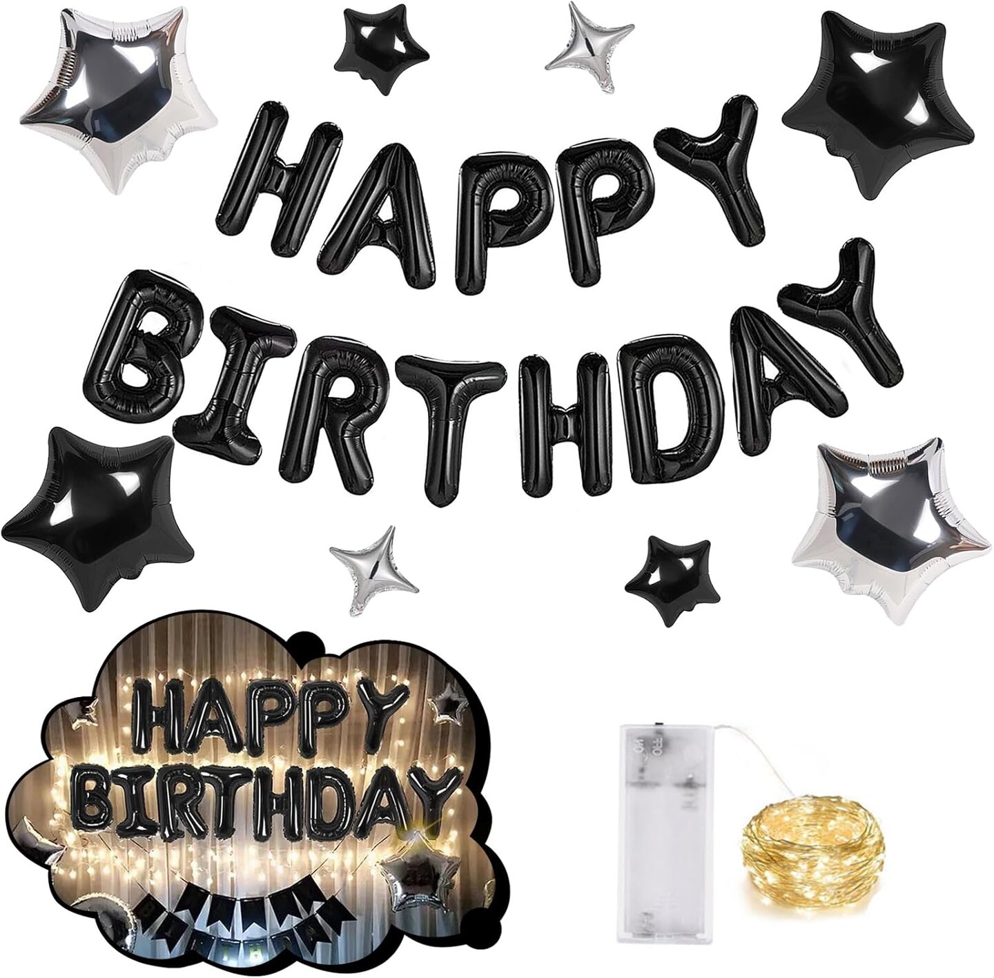Happy Birthday Balloon Banner – 13pcs 16 Inch Mylar Foil Letters with 8 Star Balloons & LED Lights, 3D Black, Party Decorations for Kids and Adult (Black Set With Light)