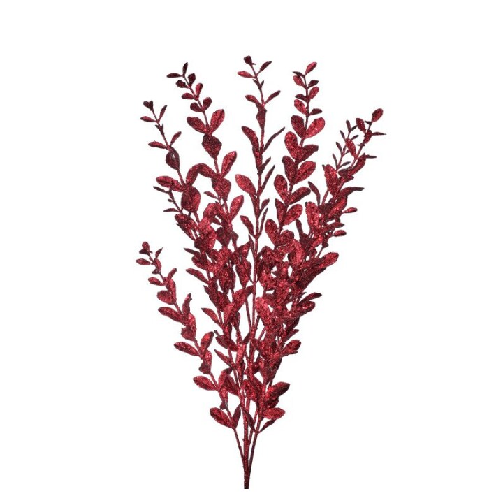22&#x22; Burgundy Glitter Boxwood Spray &#x2013; Artificial Dark Red Sequin Leaf Stem for Christmas