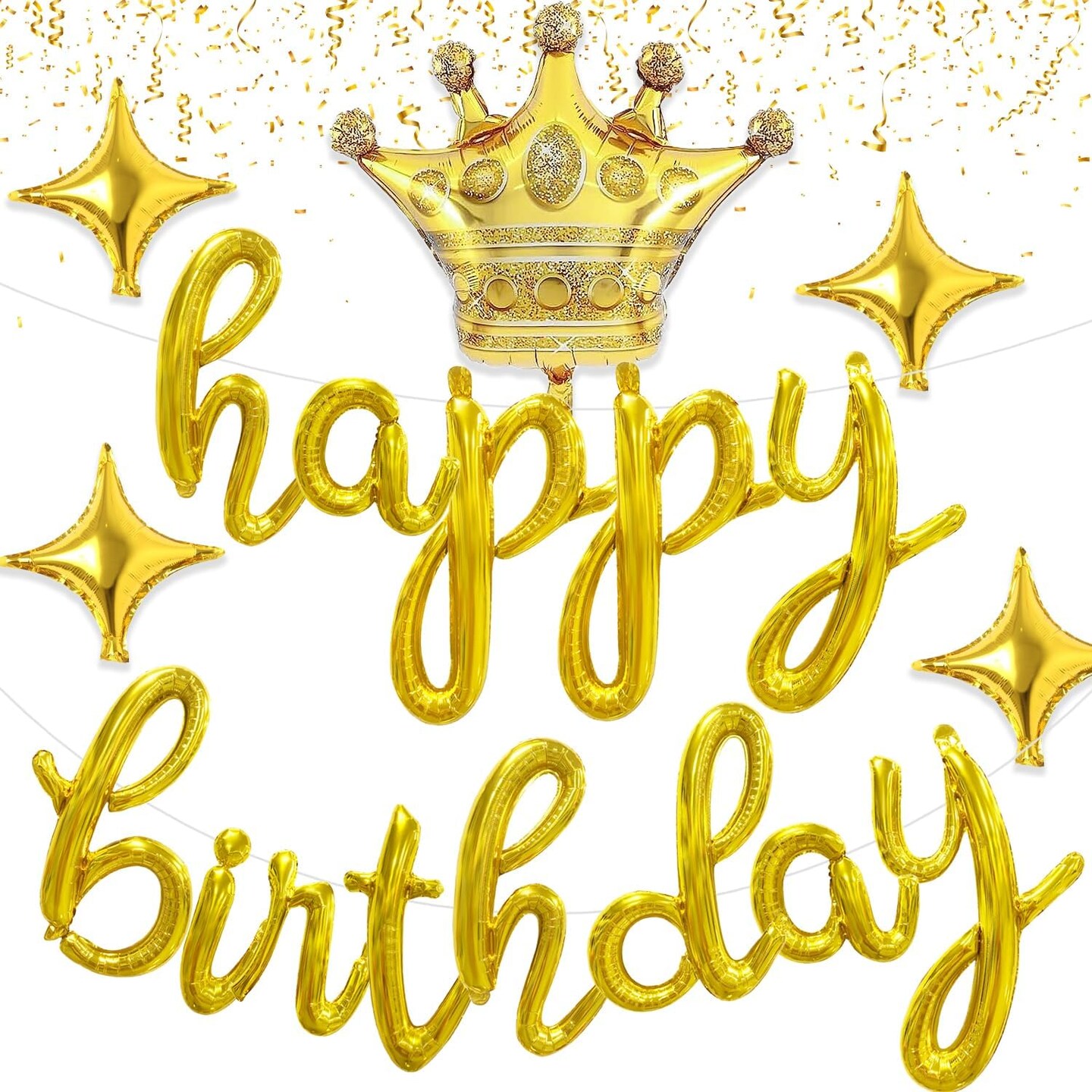 Gold Happy Birthday Balloon Banner – 18-Inch Script/Cursive Foil Letters with Crown & Star Balloons for Party Decorations (Gold)
