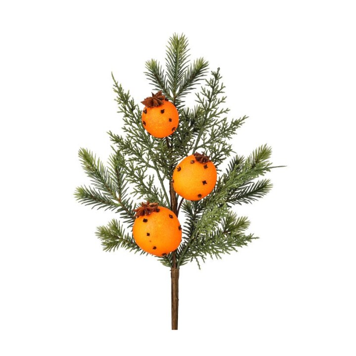 18&#x22; Evergreen Pick with Real Orange &#x26; Clove Scent &#x2013; Holiday Faux Orange Pomander Pick, Christmas Floral Stem-MTX76741