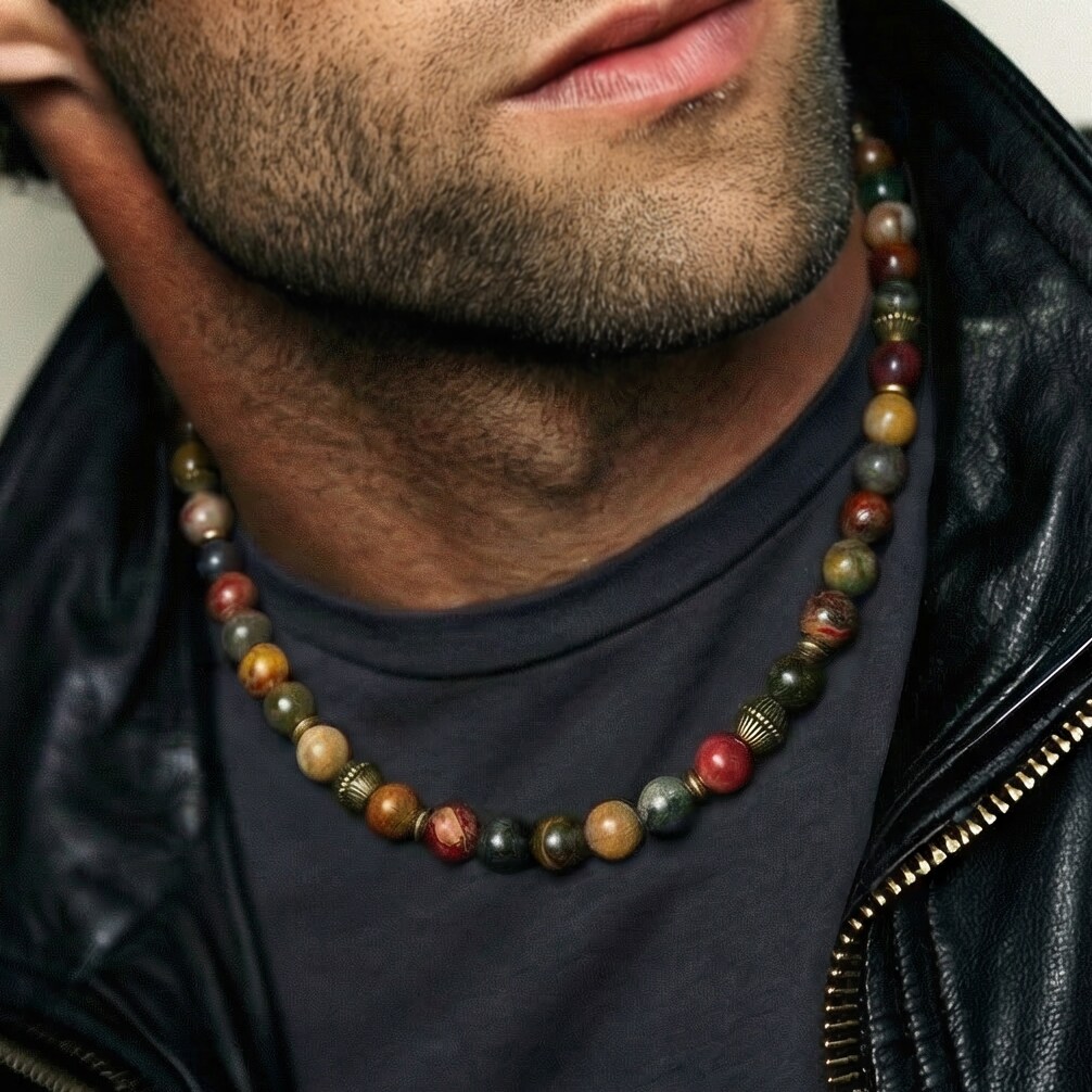 Natural Red Creek Jasper Gemstone Necklace - Earthy Multicolor 8mm