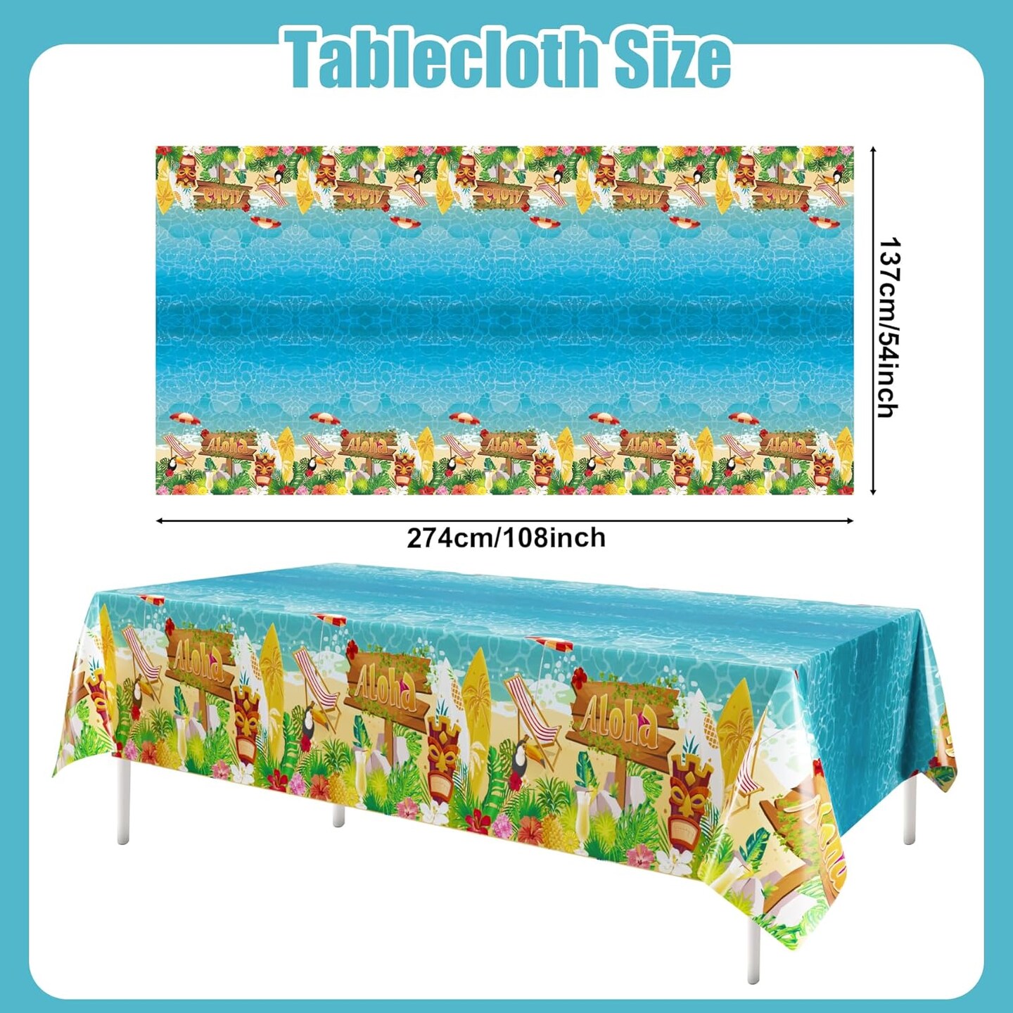 3-Pack Hawaiian Luau Tablecloths – 54” x 108” Summer Beach Plastic Table Covers, Aloha Palm Leaf Surfboard Party Decorations for Tropical, Pool & Beach Theme Events